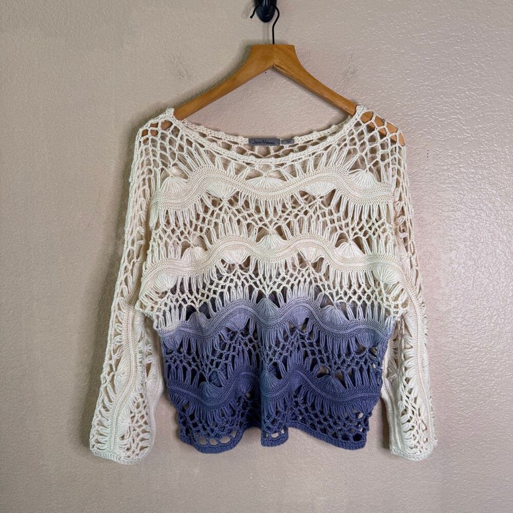 Jason Maxwell Crochet Top Large Beachy Boho Ombre Ivory Blue Vacation Coverup